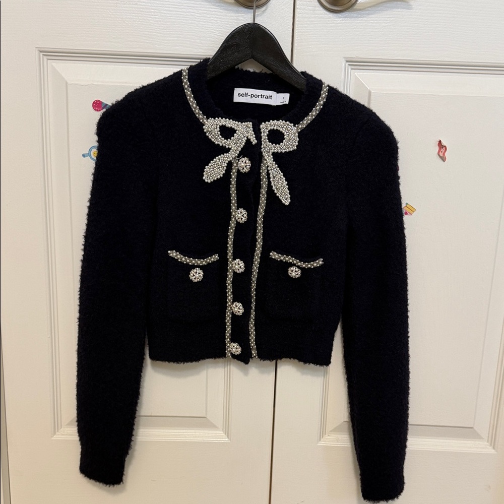 Self-Portrait Black Crystal Bow Trim Cardigan